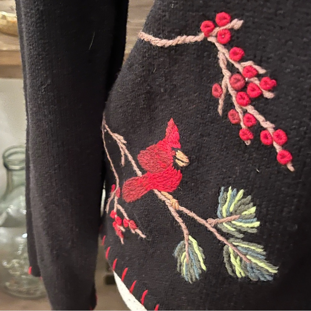 Coldwater Creek Cardinal Embroidered Black Cardigan Small S Button Sweater - Picture 3 of 8